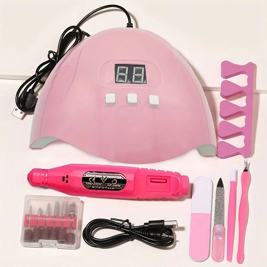 7-in-1 Nail Art Tool Kit — Includes Nail Lamp, Gel Dryer, Nail Buffer, Cuticle Fork, Cuticle Pusher, and Toe Separators